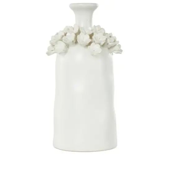 12" White Floral Narrow Opening Ceramic Decorative Vase {7}
