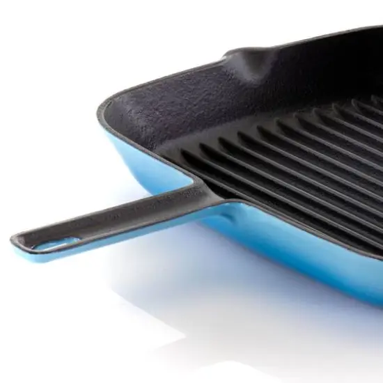MegaChef 11" Square Blue Enamel Cast Iron Grill Pan with Matching Grill Press {12}