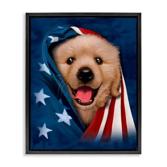 Stupell Industries Puppy & American Flag Floater Framed Art Black {1}