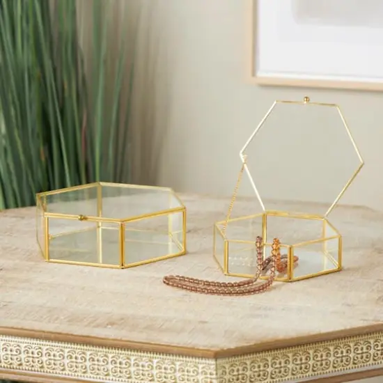Clear & Gold Glass & Metal Hexagon Jewelry Box with Chain Accent Set {3}