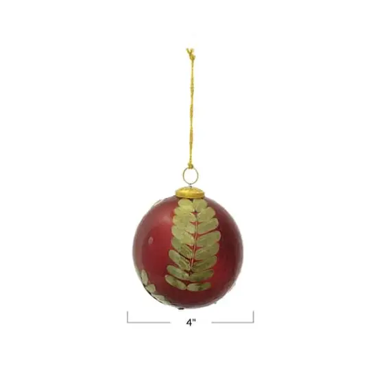 Hello Honey&reg; 4" Red & Gold Embedded Eucalyptus Leaf Ball Glass Ornament {4}