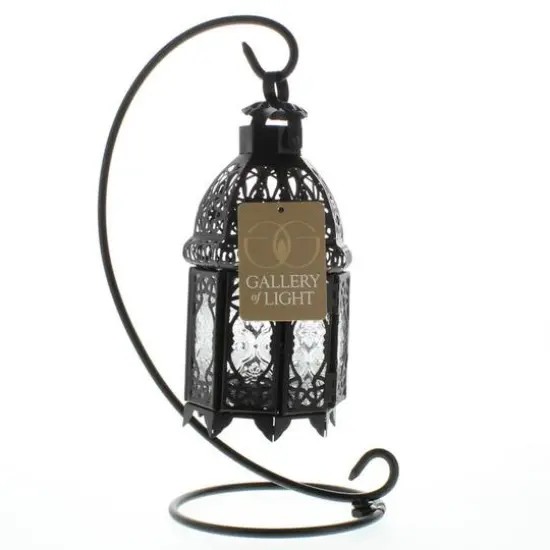 13" Curled Metal Stand with Black Moroccan Candle Lantern {5}