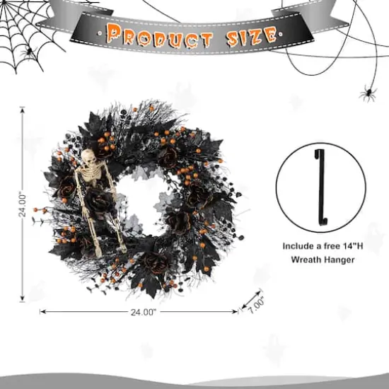 Glitzhome&reg; 24"D Halloween Black Rose, Skeleton and Berry Wreath with Hanger {9}