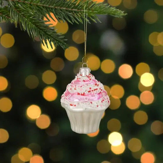 4" Pink & White Cupcake with Sprinkles Glass Ornament {3}