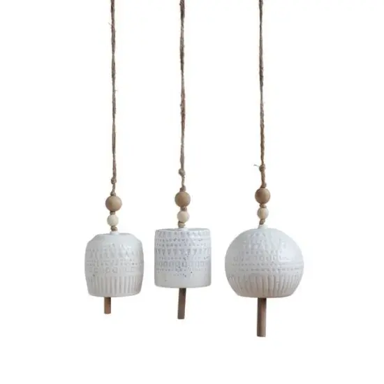 Hello Honey&reg; White Stoneware Bells with Wood Beads Set {1}