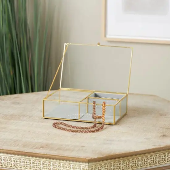 9" x 6" x 3" Clear & Gold Glass & Metal Jewelry Box with Chain Accent & Fabric Ring Slots {3}