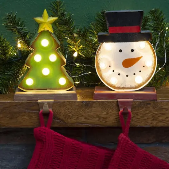 Glitzhome&reg; 7" Marquee LED Snowman Head & Tree Stocking Holder Set {3}