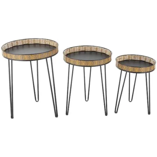 Black Metal Handmade Accent Table with Rattan Tabletop Set {1}