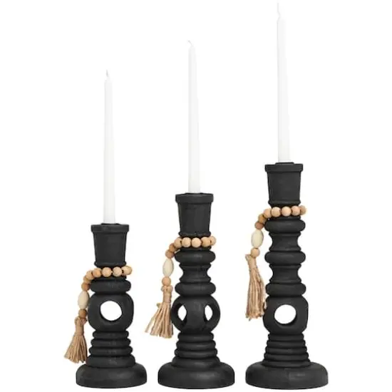 Black Wood Handmade Textured Matte Candle Holder with Beaded Garland Set {1}