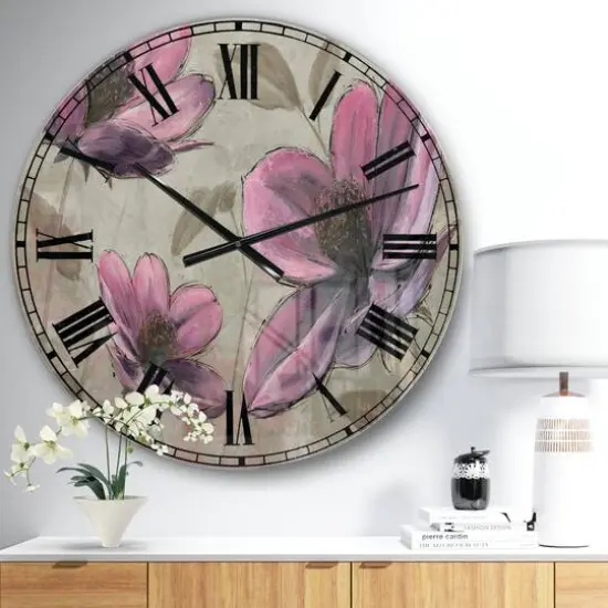 Designart 'Handpainted Plum Pink Cottage Flowers Traditional Wall Clock {3}