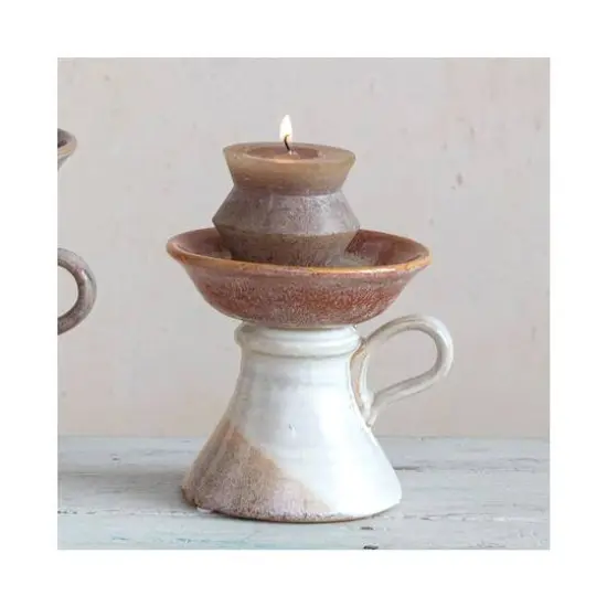 Hello Honey&reg; 5.5" Cream & Brown Stoneware Pillar Candle Holder with Handle {3}