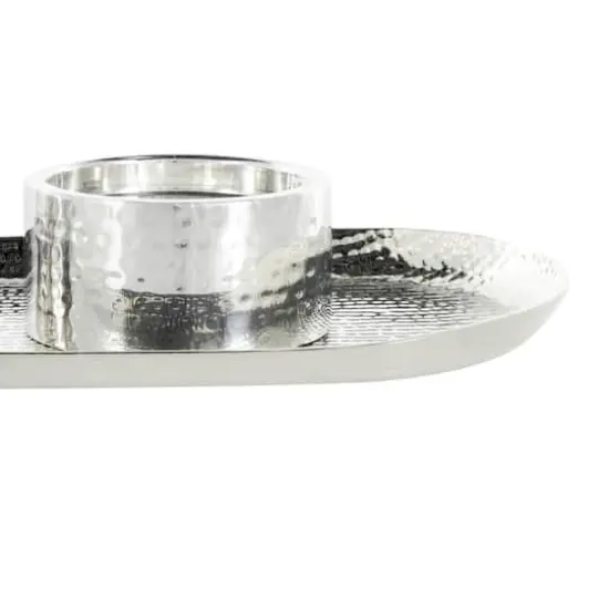 16" Silver Stainless Steel Metal Hammered Candle Holder with Oval Tray Plate {5}