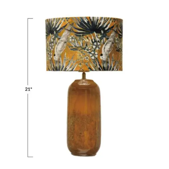 Hello Honey&reg; 21" Reactive Glaze Stoneware Table Lamp with Cockatoo Print Velvet Shade and Inline Switch {6}