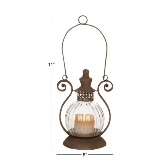 11" Brown Iron Rustic Candle Holder Lantern {5}