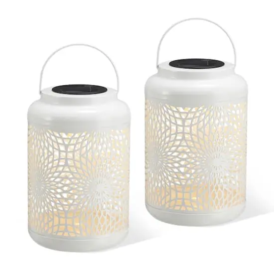 Glitzhome&reg; 8.75" Metal Cutout Solar Powered Hanging Lantern Set White {1}