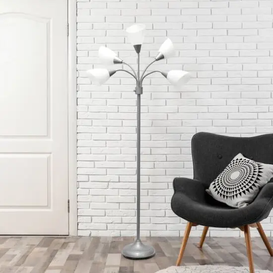 Simple Designs&trade; 5.6ft. 5-Light Gooseneck Silver Floor Lamp White Shades {5}