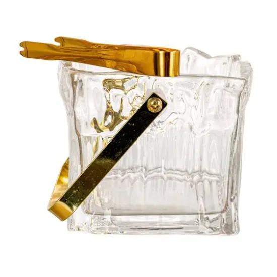 Hello Honey 24-Ounce Textured Glass Ice Bucket with Gold Finish Handle and Tongs, Clear/Gold {5}
