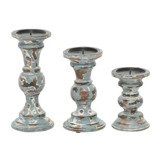 Light Blue Mango Wood Country Cottage Candle Holder Set {3}