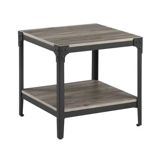 Walker Edison Slate Gray Angle Iron Rustic Wood Side Table Set {1}