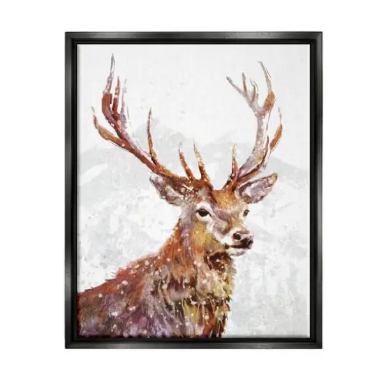 Stupell Industries Winter Deer Mountain Snowfall Framed Floater Canvas Wall Art Black {1}