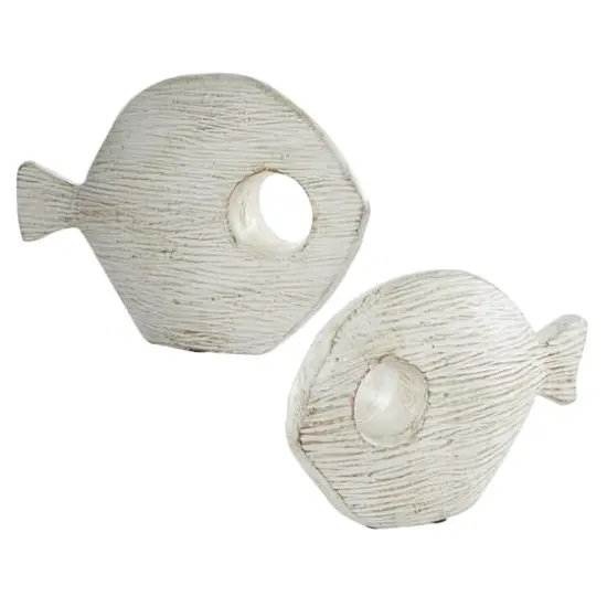 Set of 2 White Ceramic Coastal Fish Sculpture, 13", 9" {1}