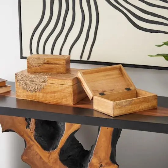 Brown & Gold Handmade Storage Box Set with Carved Mandalas Set {3}