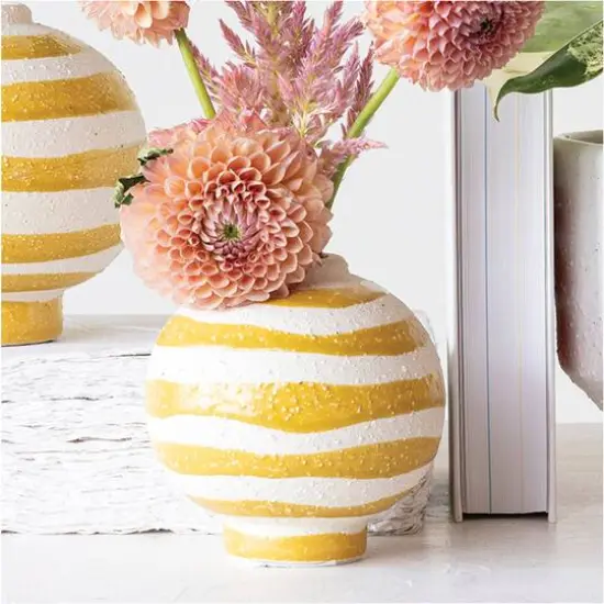 Hello Honey&reg; 4.5" Yellow & White Striped Stoneware Vase with Sphere Shape & Footed Base {3}