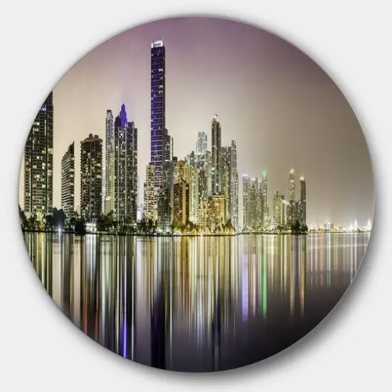 Designart - Miami Downtown Night Panorama' Extra Large Metal Circle Wall Art {1}