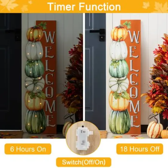 Glitzhome&reg; 42" Lighted Fall Wood Stacked Pumpkins Welcome Porch Sign with Timer {7}