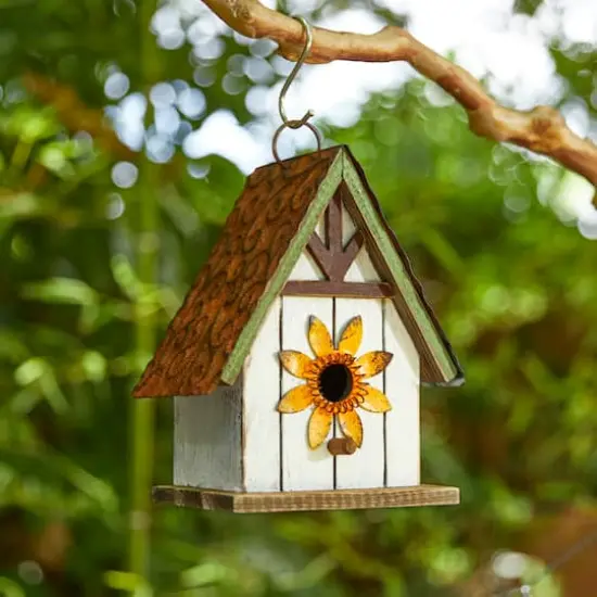 Glitzhome® 8.25" Distressed Metal Roof & Flower Wood Birdhouse {3}