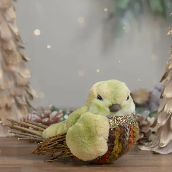 8.5" Green & Brown Autumn Harvest Tabletop Bird With Sequins {3}
