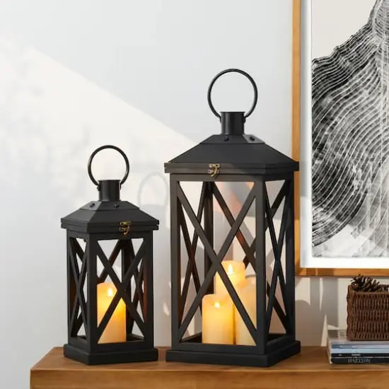 Glitzhome&reg; Black Farmhouse Wood & Metal Lanterns Set {3}