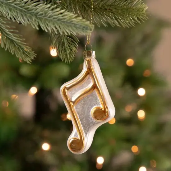 Gold & White Eighth Note Music Symbol Glass Ornament {5}