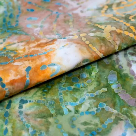 SINGER Batik Green & Orange Leaves Cotton Fabric {3}