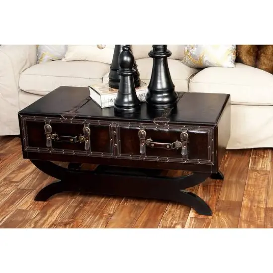 Brown FauxLeather and Wood Traditional Coffee Table, 21" x 40" x 19" {7}