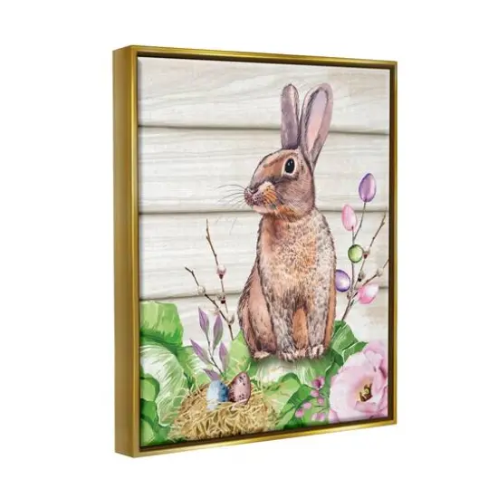 Stupell Industries Spring Flower Garden Country Rabbit Floater Framed Art Gold {4}