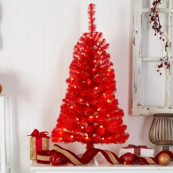 3ft. Pre-Lit Red Artificial Christmas Tree, Warm White LED Lights {8}