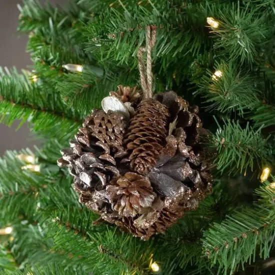 5" Glitter Copper Pine Cone And Leaves Round Ornament {6}