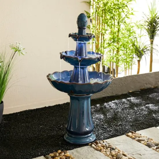 Glitzhome&reg; 45" 3-Tier LED Turquoise Pedestal Lotus Ceramic Outdoor Floor Fountain {9}