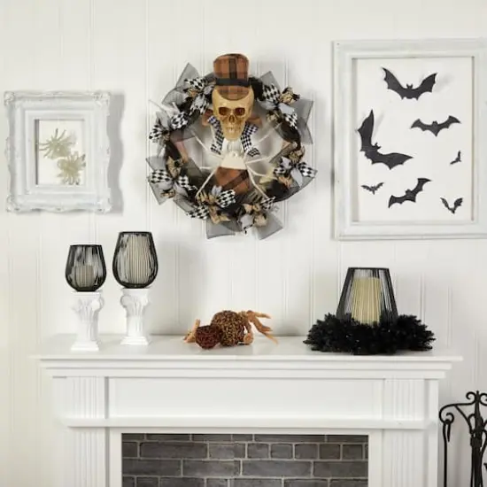 24" Halloween Skull in Plaid Mesh Wreath {5}