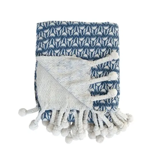 Hello Honey® Blue & Cream Printed Cotton Throw Blanket with Braided Pom Pom Tassels {5}