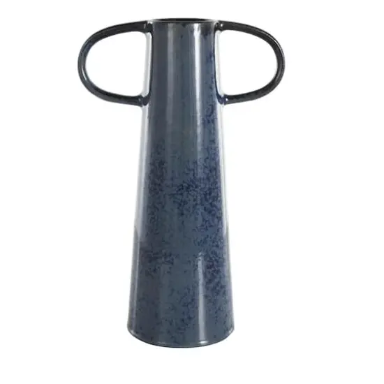 16" Dark Blue Ceramic Textured Cone Vase with Curved Handles {1}