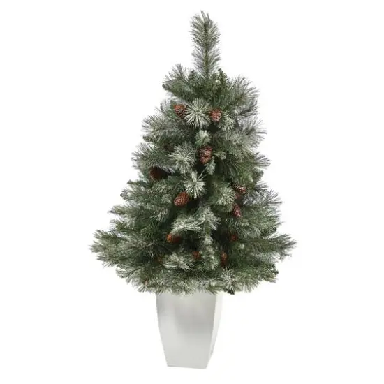 3.5ft. Unlit Snowed French Alps Mountain Pine Artificial Christmas Tree with Pinecones in Metal Planter {1}
