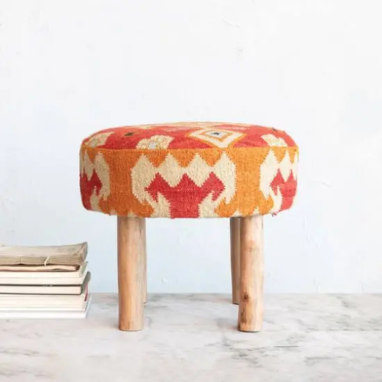 Hello Honey&reg; 24" Round Orange Cotton & Wool Kilim Stool with Natural Wood Legs {3}