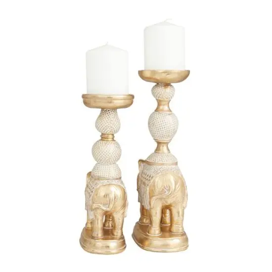 Set of 2 Gold Polystone Traditional Candle Holders, 13" x 6" x 4" {6}