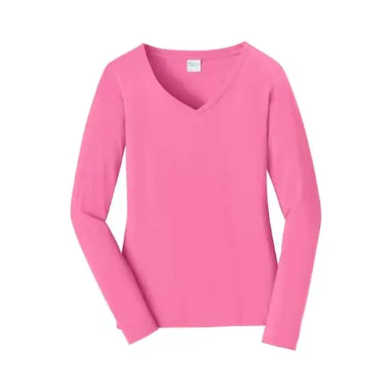 Port & Company&reg; Fan Favorite&trade; Colors Long Sleeve Ladies V-Neck T-Shirt New Pink {1}
