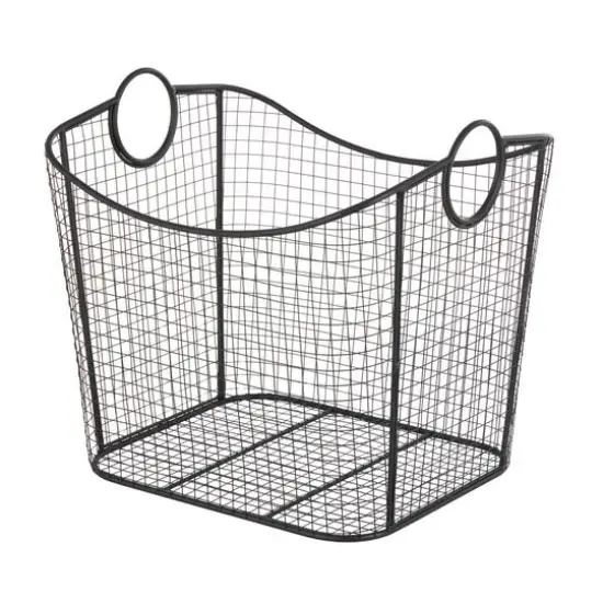20" Black Metal Storage Basket with Curved Sides & Ring Handles {10}