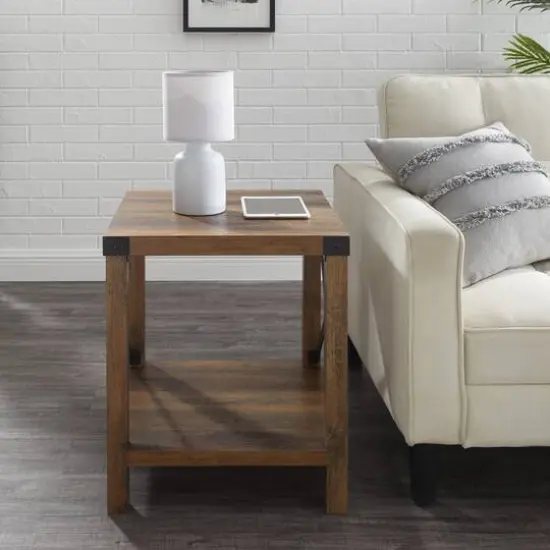 Walker Edison Reclaimed Barnwood Metal X-Frame Rustic Wood Side Table {4}