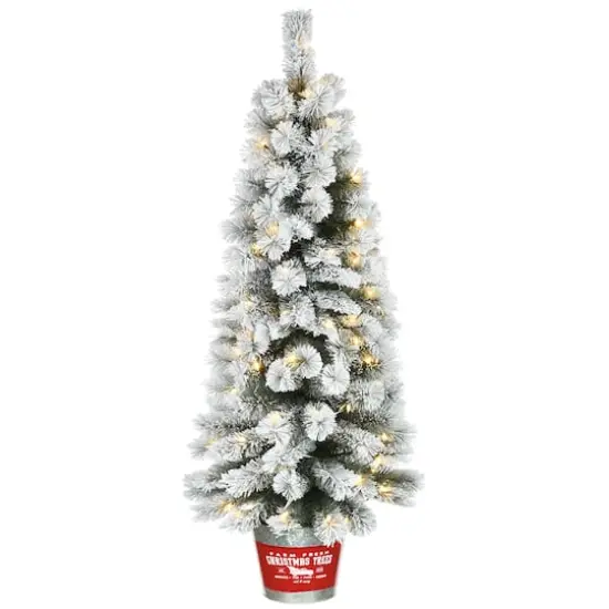 5ft. Pre-Lit Snowy Pogue Pine Entrance Artificial Christmas Tree in Red Base, Warm White LED Lights {1}