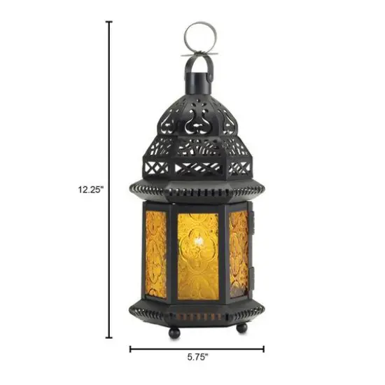 10" Black Moroccan Style Hanging Candle Lantern with Etched Yellow Glass {3}